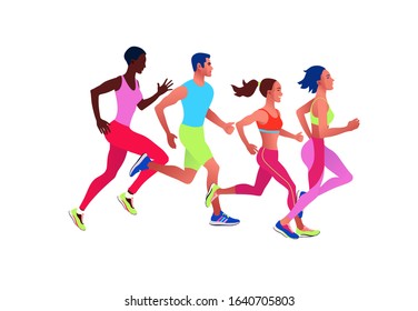 Running multinational people. Men and women jogging or running marathon outdoor. Sports competition, workout or exercise, athletics. Active lifestyle. Flat colorful vector illustration.