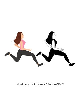 Running muscular girl isolated on a white background. Silhouette of a female sprinter. Runners in motion. Preparing for the marathon. Jogging. Sportswomen in a flat style. Stock vector illustration 