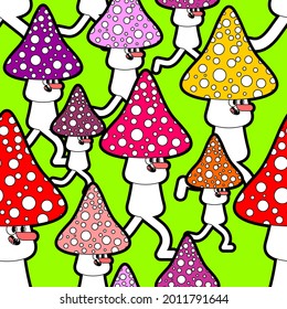 Running mushroom pattern seamless. Fly agaric run background