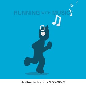 Running with music, blue vector runner banner