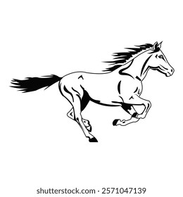 Running mustang horse black silhouette. Galloping forward. Beautiful running horse silhouette isolated on white background. Running horse icon vector illustration design.