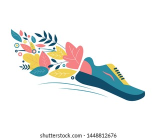 Running in nature. Sneakers, flowers and leaves. Symbol of an active lifestyle in harmony with the environment. Flat Vector Illustration