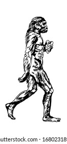 Running Neanderthal in profile in isolate on a white background. Graphic sketch.