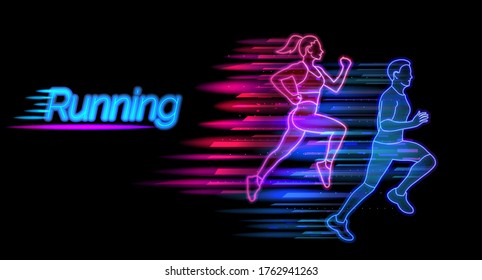 Running neon light landing page template. Man and woman jogging website layout. Healthy lifestyle and sports concept vector illustration