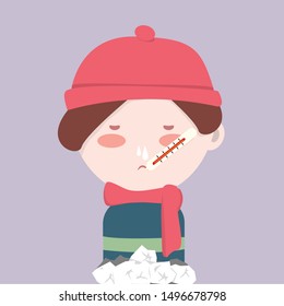 Running nose. Sick boy with many used tissue papers in the front.