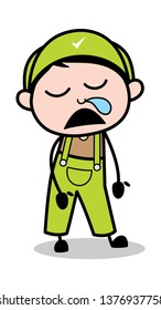 Running Nose While Sleeping - Retro Repairman Cartoon Worker Vector Illustration