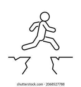 Running with obstacle over cliffs, courage in jump through gap between hill, line icon. Run man. Movement and achievement. Business risk and success concept. Athletics, sport. Vector illustration