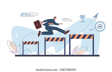 Running with obstacles to goal. Businessman jump over hurdles, run to success. Office worker overcoming barriers, problems difficulties. Kicky corporate vector concept
