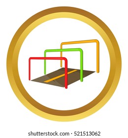 Running with obstacles vector icon in golden circle, cartoon style isolated on white background