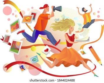 Running office, deadline. Bright, cartoonish illustration, simplified. the girl, the photographer and the boss are running at full speed, around the photo, summer and color spots , likes