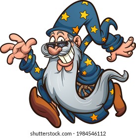 Running old cartoon wizard with long beard. Vector clip art illustration with simple gradients. All in a single layer. 
