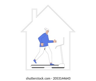 Running old woman on treadmill at home. Jogger at fitness club, gym. Fight against hypodynamia. Vector illustration.