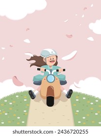 Running on a motorcycle in a field where cherry blossoms fly in spring
