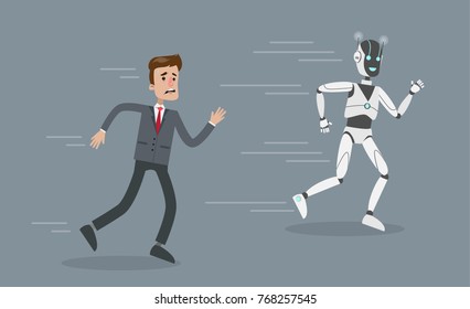 Running on race. Businessman and robot competing.