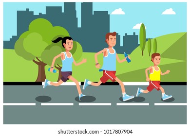 Running On The Road With Family, Vector Illustration