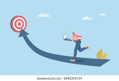 Running on the targeted route, Working to achieve goals, Businessman running working with laptop on arrow path to success, Business growth of career and organization. Vector design illustration.