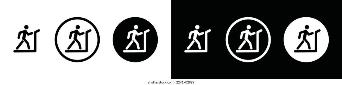 Running on treadmill icon vector. Man running on treadmill sports icon. Simple person easy run on treadmill sign in black and white circle for sports app and websites, symbol illustration