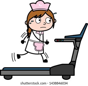 Running on Treadmill - Retro Cartoon Waitress Female Chef Vector Illustration