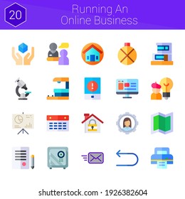running an online business icon set. 20 flat icons on theme running an online business. collection of calendar, safebox, idea, contract, train station, printer, duplex