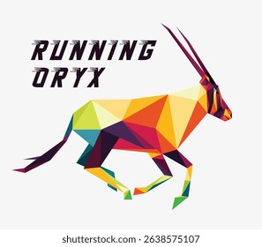 Running oryx colorful logo. Colorful Polygonal Low Poly Vector of running oryx. Oryx animal Abstract Triangle Vector logo