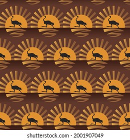 Running ostrich. Silhouette against the setting sun. Vector seamless background of ostriches. Template for textile. Flat style illustration. 