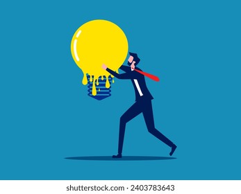 Running out of energy at work. Businessman holding a melted light bulb. vector 