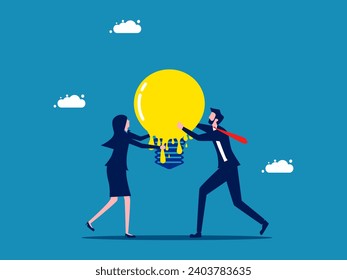 Se queda sin energía en el trabajo. Dos empresarios trabajando juntos con una bombilla de luz derretida. vector 