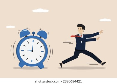 Running out of time, time countdown, pressed for time, business people running fast because the alarm goes off or running out of work time.