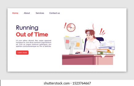 Running out of time landing page vector template. Everyday stress website interface, flat illustrations. Workplace homepage layout. Overworked employee. Deadline web banner, webpage cartoon concept