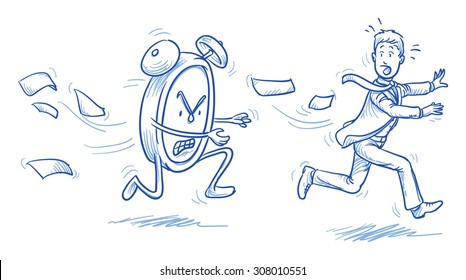 Running out of time - stressed business man being chased by a clock, hand drawn doodle vector illustration