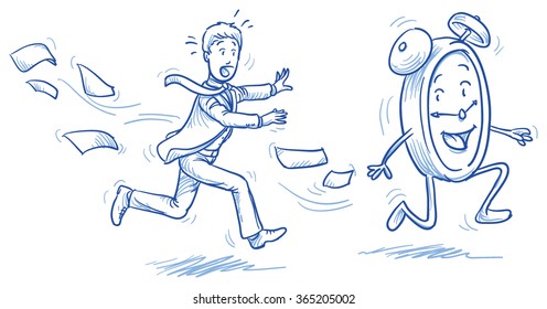 Running out of time - stressed business man chasing a clock. Hand drawn vector cartoon doodle illustration