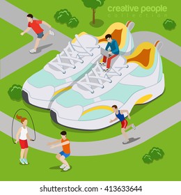 Running outdoor sports lifestyle concept. Flat 3d isometry isometric style web site vector illustration. Micro sportsman exercise run park around huge sneakers sport shoes. Creative people collection.
