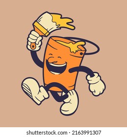 The running paint bucket mascot holding paint brush. Retro vintage mascot illustration.