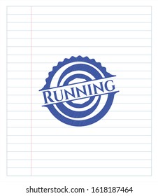 Running pen emblem. Blue ink. Vector Illustration. Detailed.