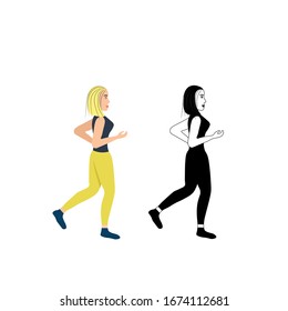 Running pensive girl isolated on a white background. Silhouette of a female sprinter. Runners in motion. Preparing for the marathon. Jogging. Sportswomen in a flat style. Stock vector illustration