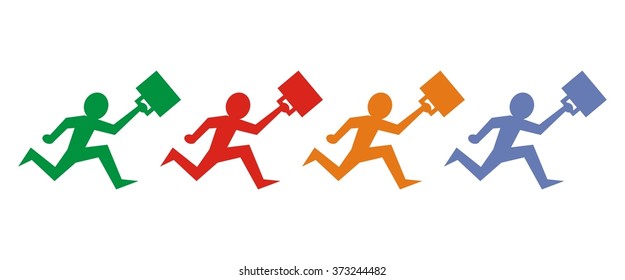 running people with briefcase, vector icon