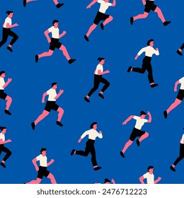 Running people. Cartoon flat style. Cute characters. Sport, jogging, rush, race, ambition, success aspiration, marathon concept. Hand drawn Vector illustration. Square seamless Pattern, background