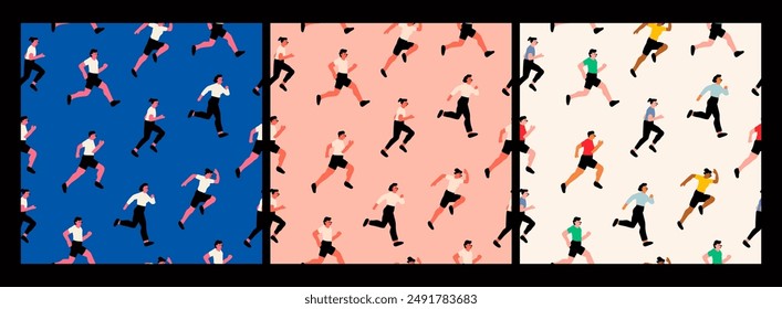 Running people. Cartoon flat style. Cute characters. Sport, jogging, rush, race, ambition, success aspiration, marathon concept. Hand drawn Vector illustration. Set of three square seamless Patterns