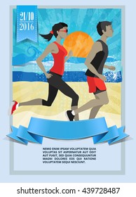 Running people characters. Abstract seascape . Poster, Flyer, ribbon banner