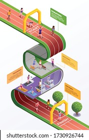 Running people composition with competition and training symbols isometric vector illustration