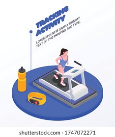 Concepto de personas en ejecución con símbolos activos de actividad de seguimiento ilustración vectorial isométrica