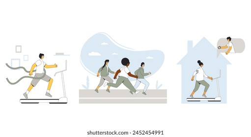 Conjunto de conceptos de personas en ejecución. Deporte de realidad virtual. Amigos corre al aire libre y entrenamiento en línea en la cinta de correr. Colección de footing con contorno. Ilustración vectorial aislada sobre fondo blanco.