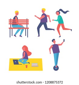 Running people couple and freelancer working on laptop isolated icons set. Man sitting on bench, person riding hoverboard, female and males vector