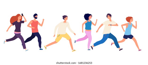 Running people. Crowd jogging, isolated runners. Adult group athletic, healthy activity men women. Fitness sport training. Business sprint vector illustration