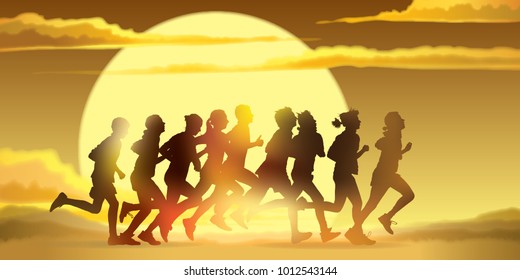 Running People. Crowd Of Young People Is Running In The Marathon Against A Sunset Background. 
