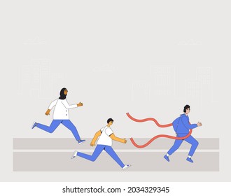 Running people. Differen runners, athletes, sportive characters. Diverse participation in sports races, athletic competitions. Marathon, exercise. Joggers at a stadium track. Vector illustration.