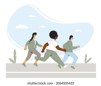 Running people. Differen runners, athletes, sportive characters. Participation in sports races, athletic competitions. Marathon, exercise. Joggers at a stadium track. Vector illustration.