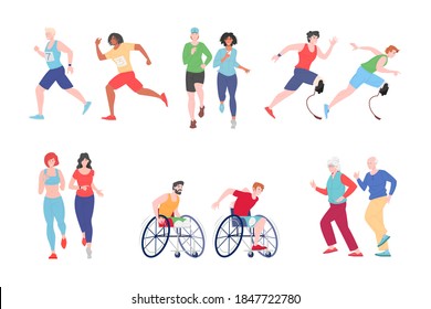 Running people disabled, healthy man, woman, vector flat runner jogging cartoon characters set. Elderly, young athletic persons on marathon, workout, illustration isolated on white background.