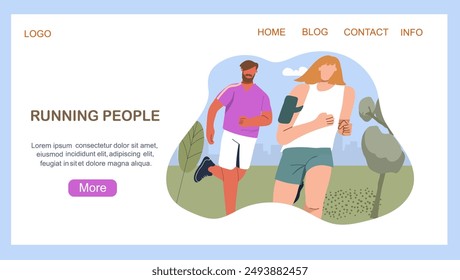 Running people, doing sports in outdoor Landing Page Template. Active healthy joggers, runners training in a city park, with city panorama background. Athletic men, women, athletes.