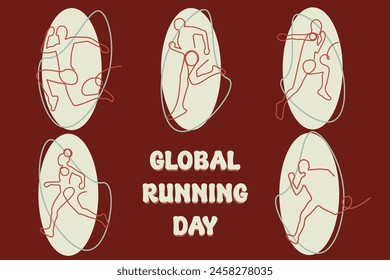 Running people drawn using one line, with different poses to celebrate World Running Day. Isolated background.